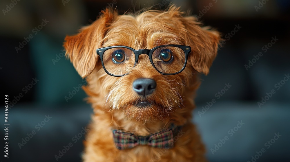 A curious brown dog with glasses and a bow tie sits on a couch, looking attentively in a cozy indoor setting A curious brown dog with glasses and a bow tie sits on a couch, looking attentively in a cozy indoor setting
