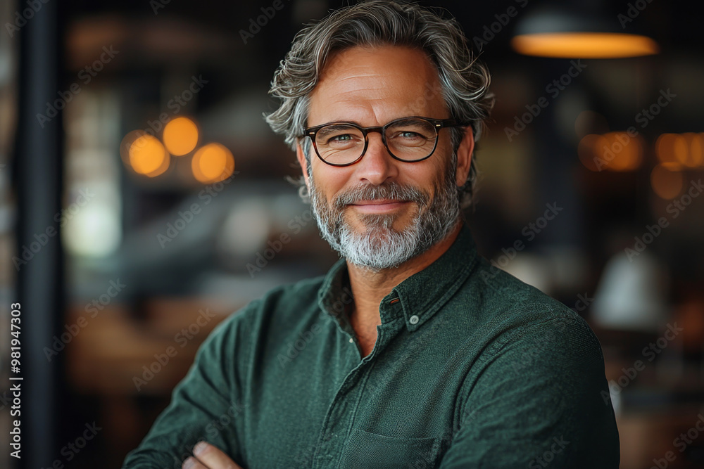 Smiling man in a green shirt looking at the camera Smiling man in a green shirt looking at the camera