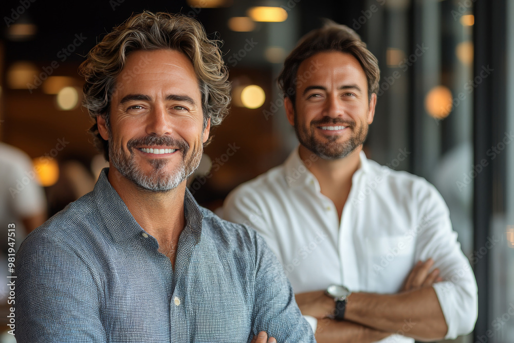Two men stand together, smiling confidently.