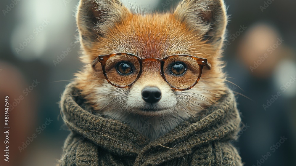 A cute fox wearing glasses and a cozy sweater stands amidst an urban setting in autumn, showcasing a charming personality and style A cute fox wearing glasses and a cozy sweater stands amidst an urban setting in autumn, showcasing a charming personality and style