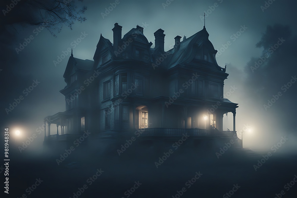 Obraz premium A haunting, fog-shrouded mansion with dim lighting, creating a mysterious and eerie atmosphere.
