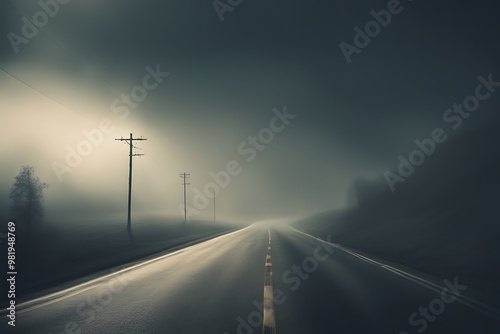 A desolate, foggy road stretches into the distance, flanked by bare trees and telephone poles, creating an eerie and tranquil atmosphere.