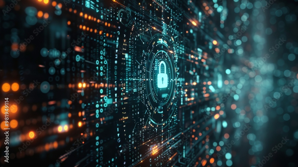 Digital cyber security background with a matrix of data and a secure lock icon Digital cyber security background with a matrix of data and a secure lock icon