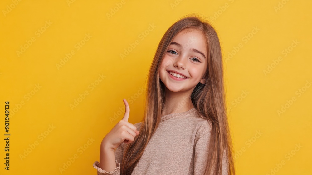 Portrait of her she nice attractive confident glad cheerful straight-haired pre-teen girl pointing aside advert ad tips feedback sale discount isolated over bright vivid shine yellow background Portrait of her she nice attractive confident glad cheerful straight-haired pre-teen girl pointing aside advert ad tips feedback sale discount isolated over bright vivid shine yellow background