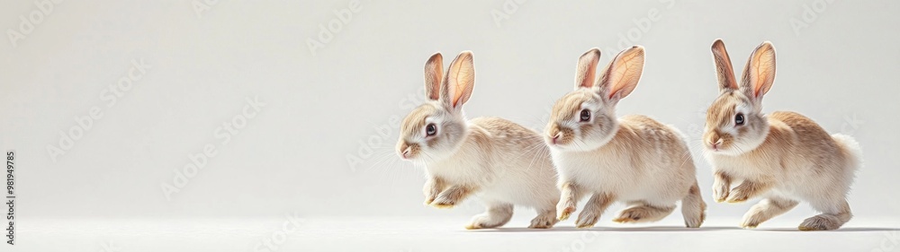 Obraz premium Family of rabbits leaping joyfully through a vibrant garden, surrounded by lush greenery and colorful flowers, set against a clean, bright backdrop.