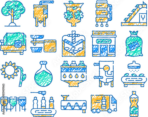 oil production plant doodle icons set vector. sketch line art olive tree and oil bottle, elevator and crusher, brazier and sorting line, press and refiner color illustrations