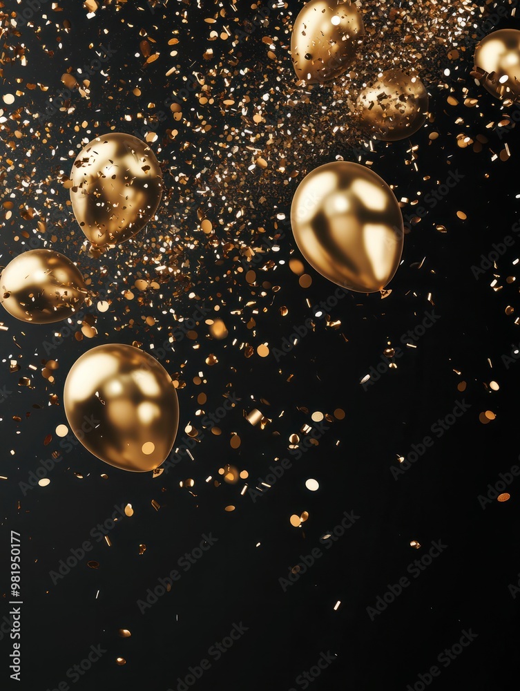 Shower of confetti and golden balloons falling on a sleek black background, with space for text Shower of confetti and golden balloons falling on a sleek black background, with space for text
