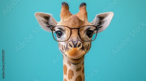 A playful giraffe wearing glasses smiles against a bright turquoise background, showcasing its unique personality and charm