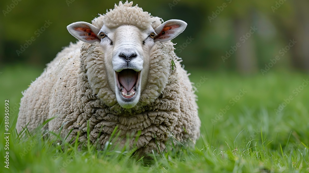 Portrait of a domestic sheep on a grassland its mouth agape Portrait of a domestic sheep on a grassland its mouth agape