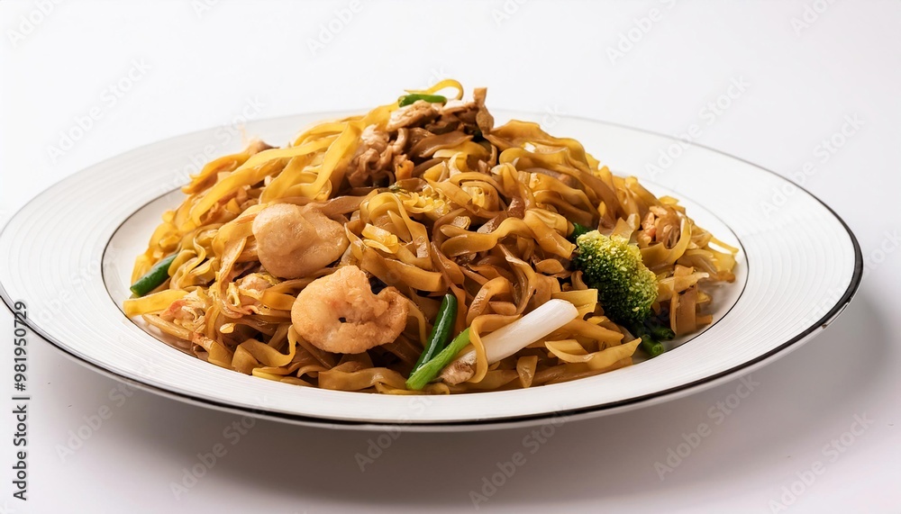 Malaysian Food, Char Kway Teow on white background isolated. Malaysian Food, Char Kway Teow on white background isolated.