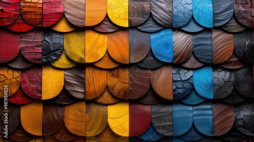 Colorful Mosaic Wood Veneer Texture with Abstract Scales Background photo