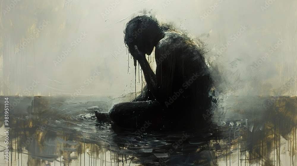 Obraz premium The Weight of Sorrow: A Painting of Despair and Loneliness