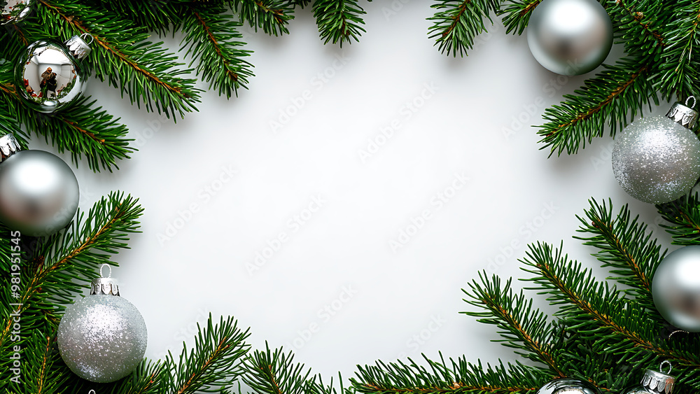 A Christmas wreath made of green fir branches with silver ornaments. A Christmas wreath made of green fir branches with silver ornaments.