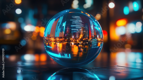 A glowing glass sphere with digital data and graphs inside, reflecting an urban cityscape at night. The background is blurred to emphasize the orb's glow and reflections