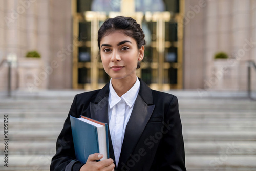 Young Indian female law student with formal attire holding law book photo