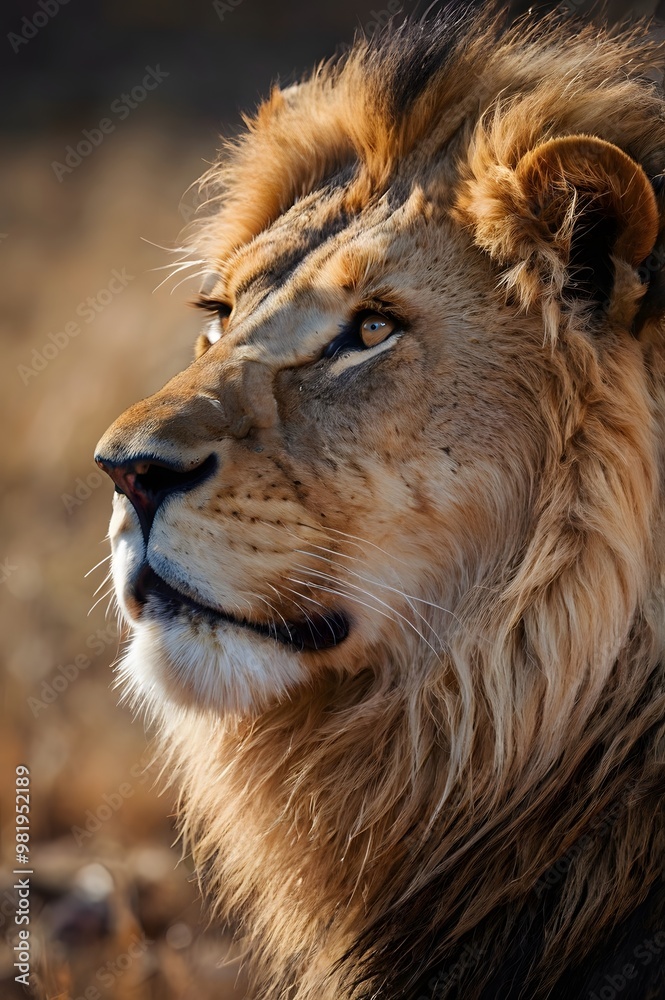 Obraz premium Side view of majestic lion face closeup portrait.