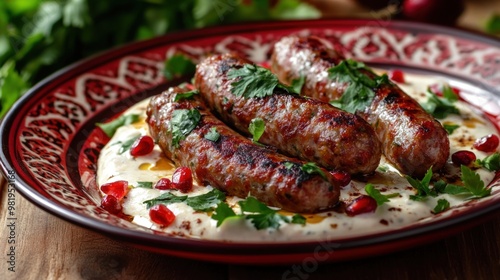 Grilled Sausages with Tahini Sauce and Pomegranate Seeds