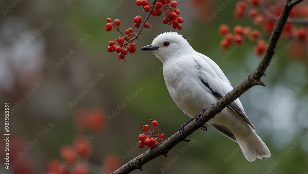 White bird perched by a tree with red-berried branches, blurred background. White bird perched by a tree with red-berried branches, blurred background.