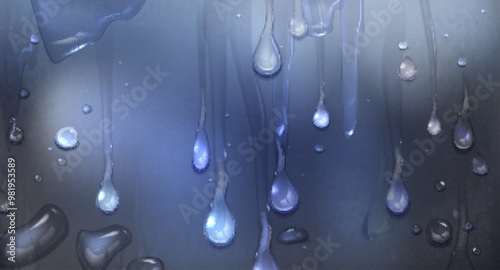 Water drops on wet surface. Vector realistic illustration of rain droplets, condensation dew, lotion spray on gray concrete wall, humid shower or bathroom glass, window during gloomy autumn rainfall