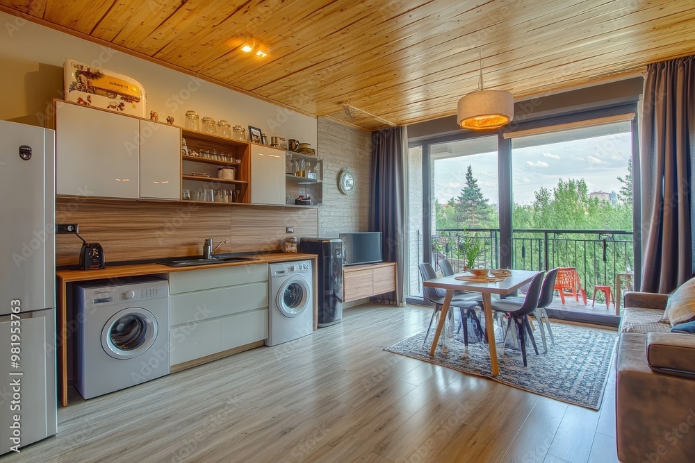 Modern apartment with wooden ceiling, kitchen, living room, and balcony. Modern apartment with wooden ceiling, kitchen, living room, and balcony.
