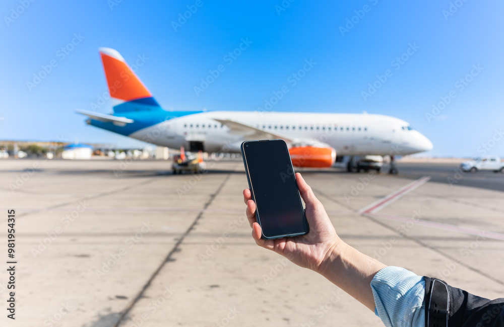 Girl holds a smartphone with a black screen close-up. Phone on the background of the airport with an airplane Girl holds a smartphone with a black screen close-up. Phone on the background of the airport with an airplane