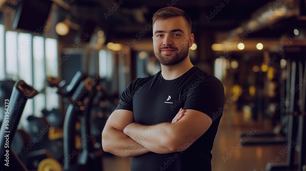 Fototapeta premium The young male coach stands confidently with arms crossed in a gym, inspiring athletes during an evening training session focused on fitness and teamwork