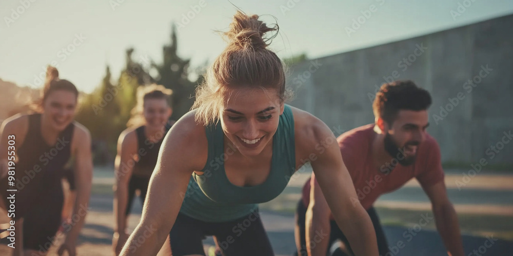 image captures group of individuals engaged in fitness activity, showcasing determination and teamwork. sunlit scene highlights their enthusiasm and energy as they push through their workout together image captures group of individuals engaged in fitness activity, showcasing determination and teamwork. sunlit scene highlights their enthusiasm and energy as they push through their workout together