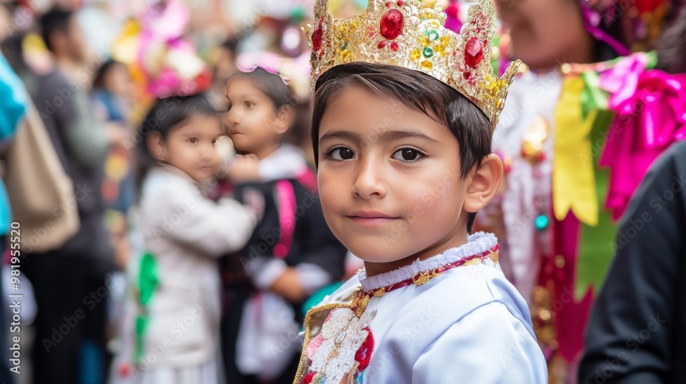 Un niño pequeño con una corona dorada y colorida participa en un festival tradicional. Su expresión refleja la emoción y la alegría de la celebración. Un niño pequeño con una corona dorada y colorida participa en un festival tradicional. Su expresión refleja la emoción y la alegría de la celebración.