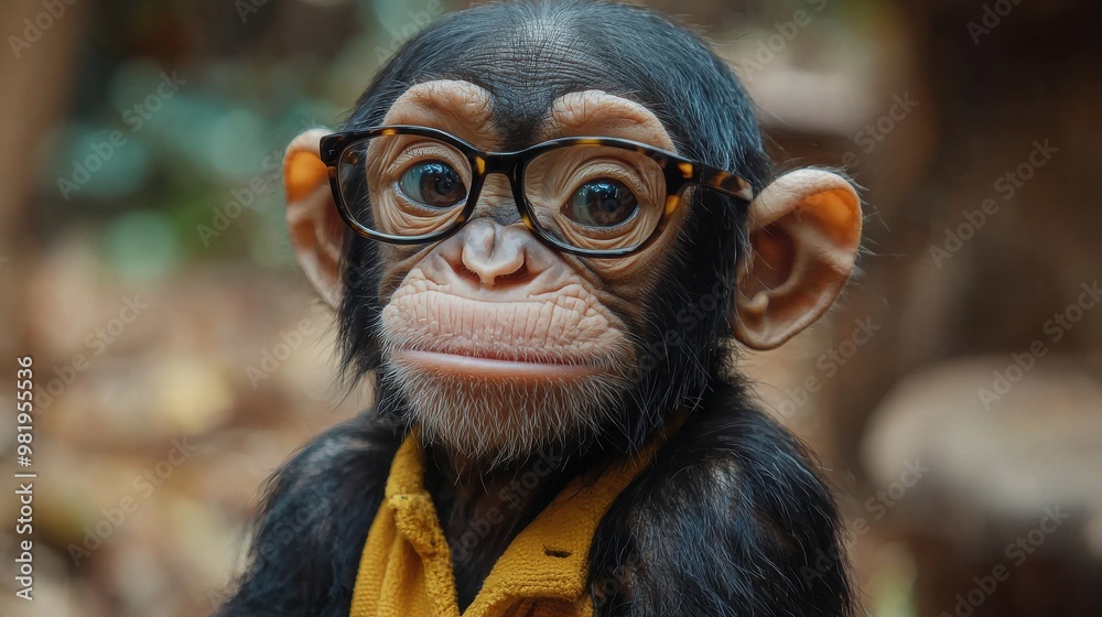 A curious young chimpanzee wearing glasses and a shirt inspects its surroundings in a lush forest setting