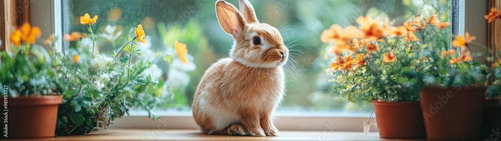 Fototapeta premium Adorable Rabbit in a Garden, a charming full-body portrait of a rabbit sitting among vibrant flowers, showcasing its playful nature against a bright, serene backdrop.