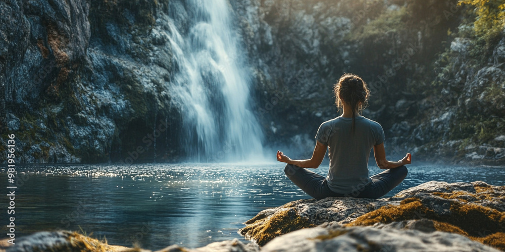 Obraz premium A serene scene of person meditating by tranquil waterfall, surrounded by natures beauty. calm water reflects peaceful atmosphere, enhancing sense of relaxation and mindfulness