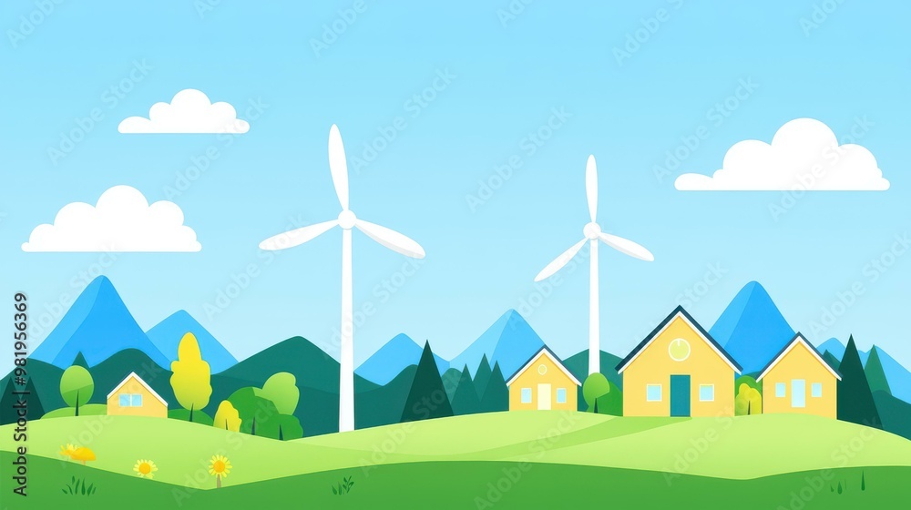 Explore a vibrant ecovillage with bright homes, wind power, and a joyful vibe, all in a charming flat illustration. Explore a vibrant ecovillage with bright homes, wind power, and a joyful vibe, all in a charming flat illustration.