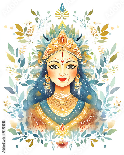 Watercolor illustration for durga puja with durga face.