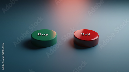 A 3D model of two minimal buttons, one green with “Buy” and one red with “Sell” placed symmetrically on a flat surface with subtle lighting and shadows.  photo