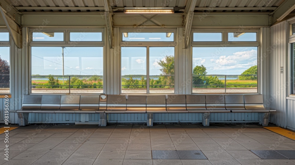 Fototapeta premium Benches: Comfortable seating provided for passengers waiting for their trains, typically located on platforms and in waiting areas for convenience. 
