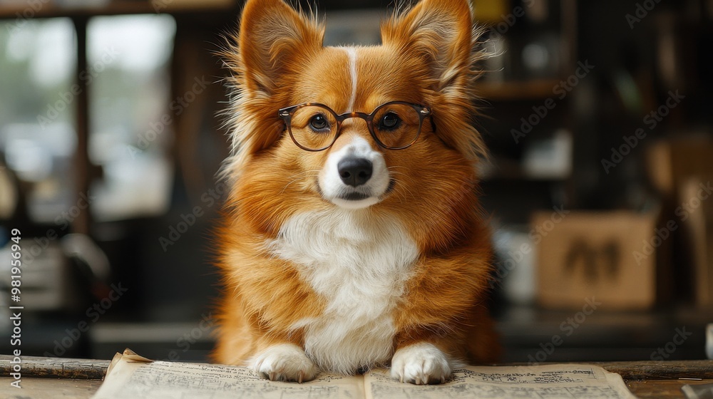 A clever corgi wearing glasses studies a book in a cozy indoor setting during the afternoon