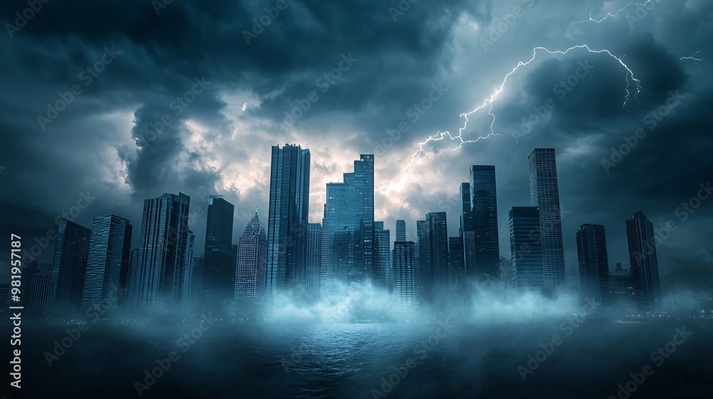 Fototapeta premium Cityscape with Dramatic Lightning Storm and Fog