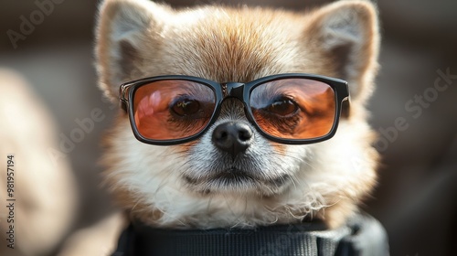 A small Pomeranian wearing stylish sunglasses relaxes comfortably on a sunny day outdoors