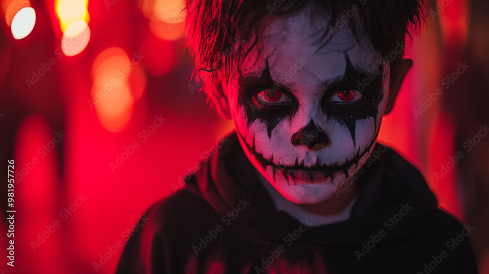 A child with spooky skeleton face paint enjoying Halloween festivities at night A child with spooky skeleton face paint enjoying Halloween festivities at night