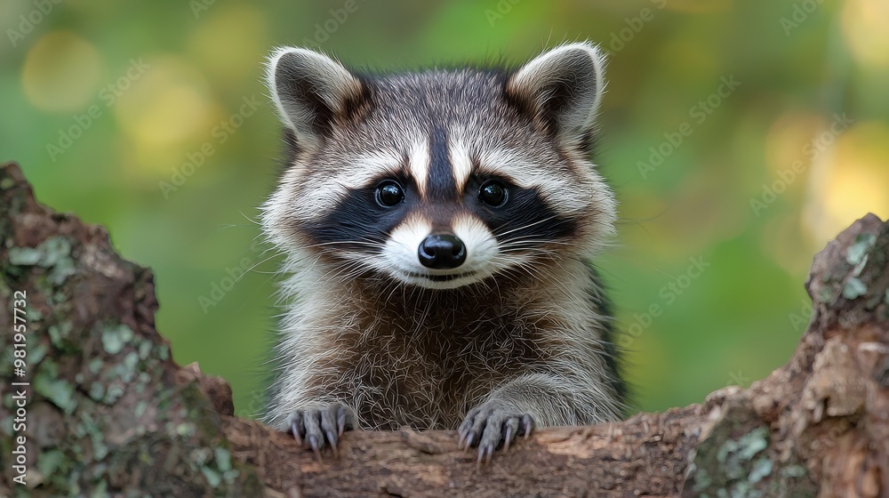 Raccoon peeking over a wooden log in a lush forest setting during daylight hours Raccoon peeking over a wooden log in a lush forest setting during daylight hours