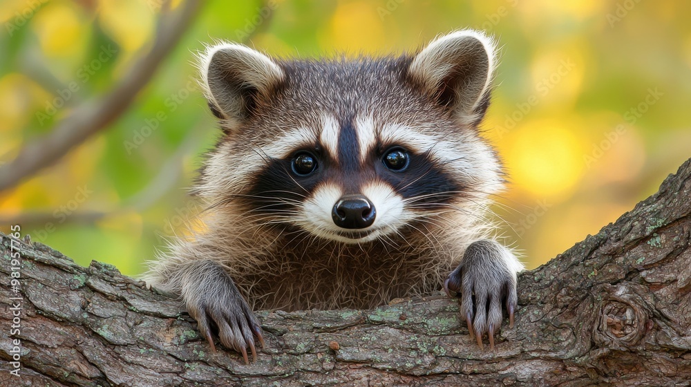 Curious raccoon peering over a tree branch in a vibrant forest during the golden hour of late afternoon Curious raccoon peering over a tree branch in a vibrant forest during the golden hour of late afternoon