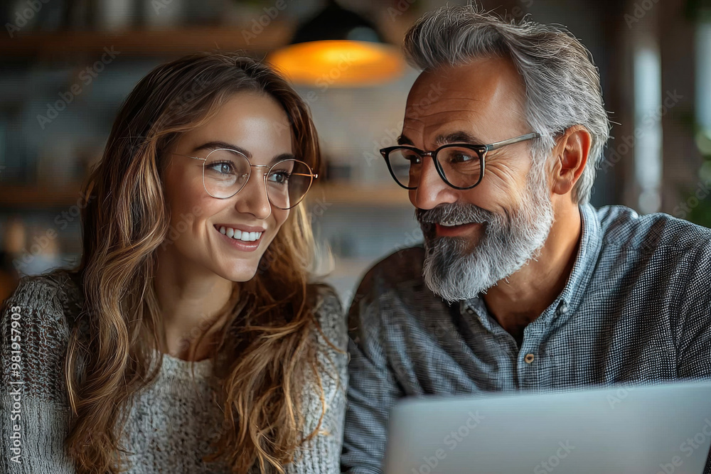 A young woman and older man smile as they work on a laptop together. A young woman and older man smile as they work on a laptop together.