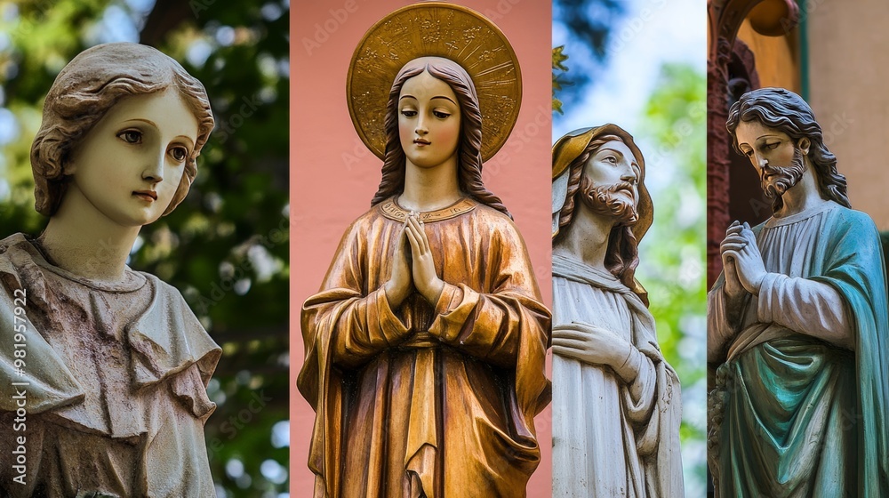 Cuatro estatuas religiosas de santos, cada una con expresiones de oración y devoción, durante el Día de Todos los Santos. Reflejan una profunda espiritualidad y simbolismo sagrado. Cuatro estatuas religiosas de santos, cada una con expresiones de oración y devoción, durante el Día de Todos los Santos. Reflejan una profunda espiritualidad y simbolismo sagrado.