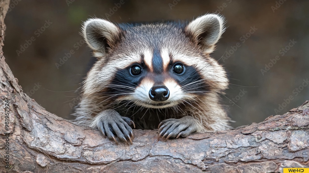 A curious raccoon peering from behind a tree branch in a dense forest during the afternoon light A curious raccoon peering from behind a tree branch in a dense forest during the afternoon light