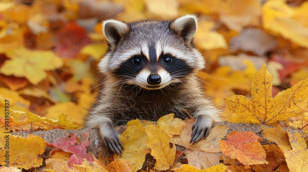 A curious raccoon peeks out from a pile of vibrant autumn leaves in a woodland setting during the fall season A curious raccoon peeks out from a pile of vibrant autumn leaves in a woodland setting during the fall season