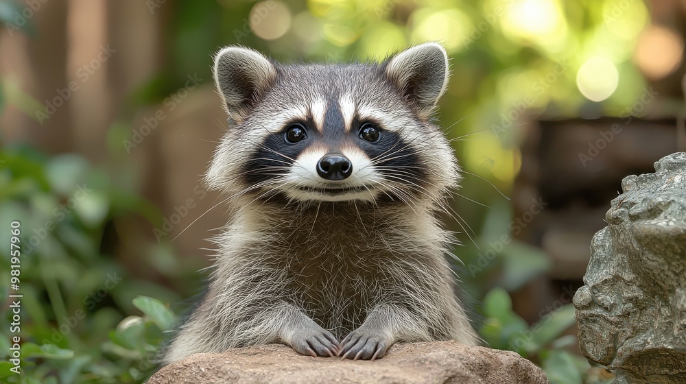 Fototapeta premium Curious raccoon exploring a natural habitat filled with greenery on a sunny day