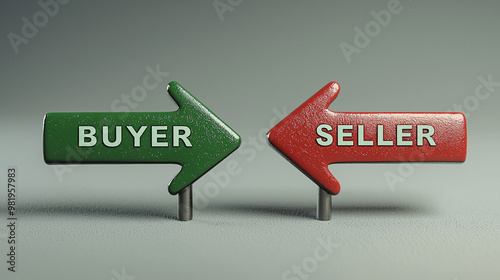 A 3D model of two minimalist directional arrows: one pointing up and labeled "BUYER" in green, and one pointing down and labeled "SELLER" in red. Both arrows are set against a smooth, neutral 