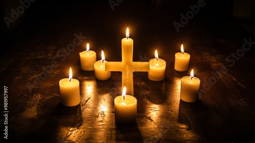 Un conjunto de velas encendidas en forma de cruz en el suelo durante el Día de Todos los Santos. La luz cálida de las velas crea una atmósfera solemne y espiritual.