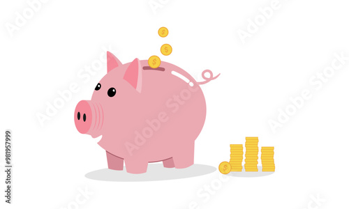 Smiling pink piggy bank with dollar coins in a flat design. Vector Business Illustration.