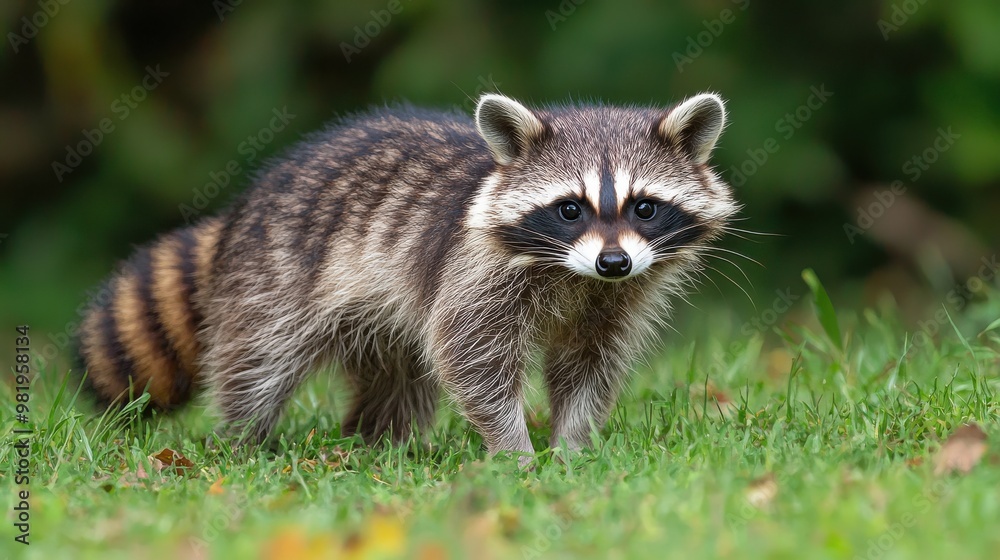 A curious raccoon exploring a green grassy area in a wooded setting during daylight hours A curious raccoon exploring a green grassy area in a wooded setting during daylight hours